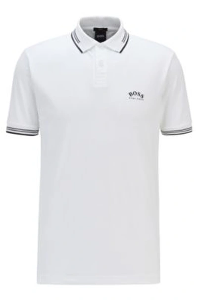 Shop Hugo Boss - Slim Fit Polo Shirt In Stretch Piqu With Curved Logo - White