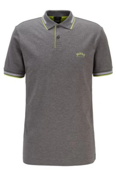 Shop Hugo Boss - Slim Fit Polo Shirt In Stretch Piqu With Curved Logo - Grey