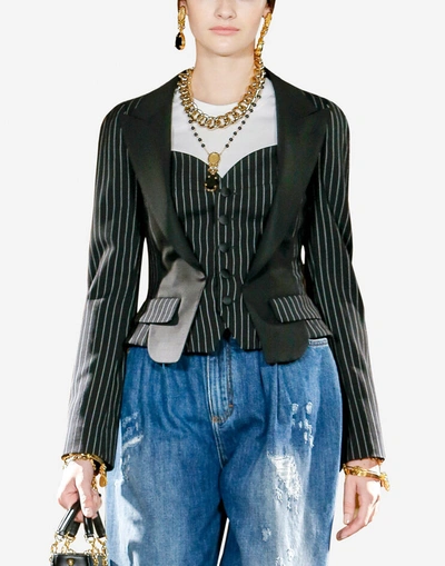 Shop Dolce & Gabbana Dolce Blazer With Pinstripe Stretch Wool Bustier In Black