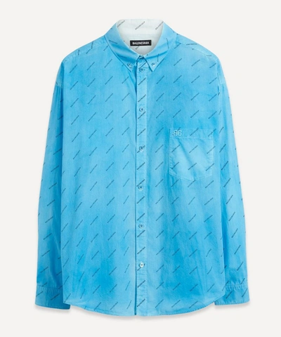 Shop Balenciaga All-over Logo Print Cotton Shirt In Blue
