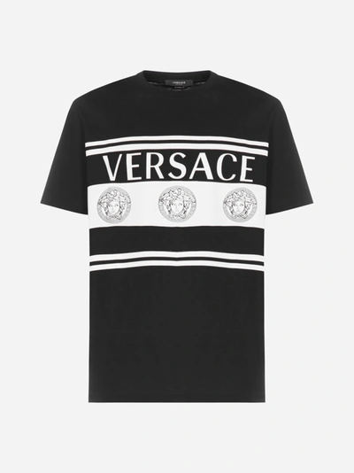 Shop Versace Medusa, Logo And Stripes Cotton T-shirt