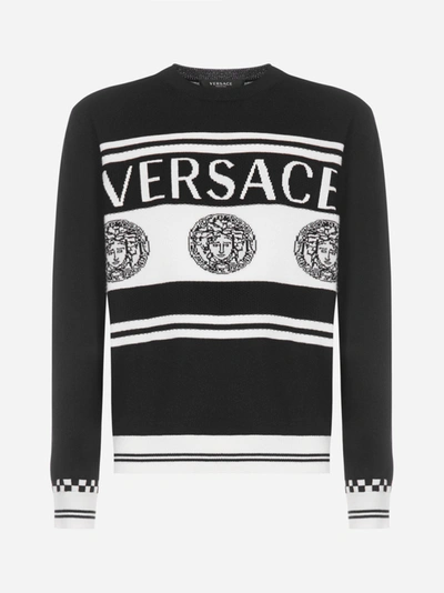 Shop Versace Pull In Lana Con Righe, Logo E Medusa