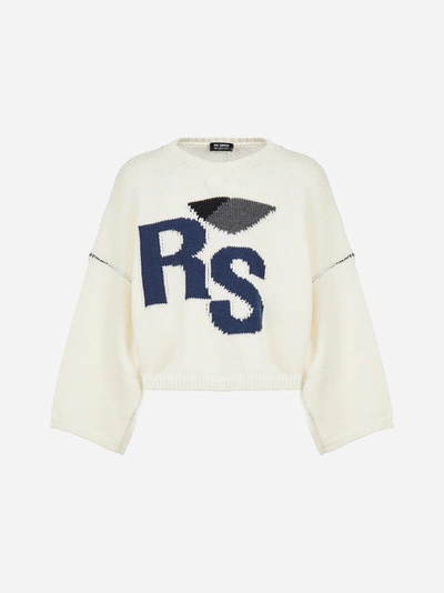 Shop Raf Simons Oversized Logo Cotton Sweater In Ecru