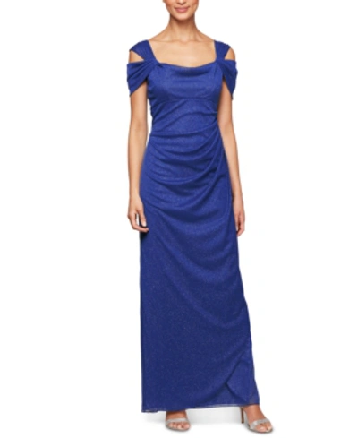Shop Alex Evenings Cold-shoulder Draped Metallic Gown In Royal Blue