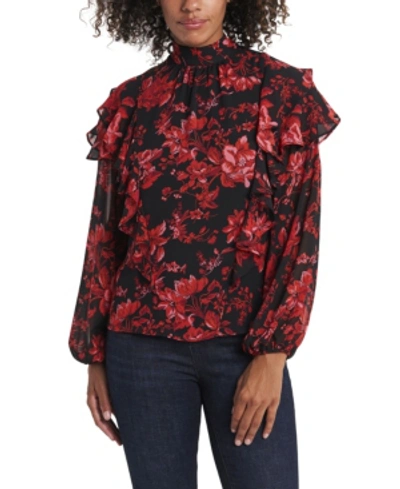 Shop Vince Camuto Women's Long Sleeve Victorian Blooms Tiered Ruffle Blouse In Rich Black