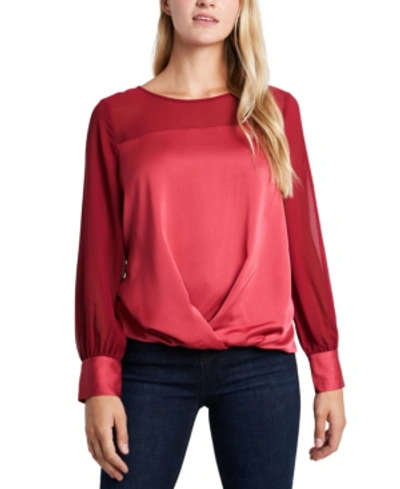 Shop Vince Camuto Women's Long Sleeve Fold Over Front Mixed Media Blouse In Deep Red