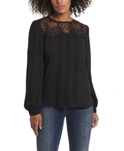 Shop Vince Camuto Women's Lace Yoke Pleated Front Blouse In Black