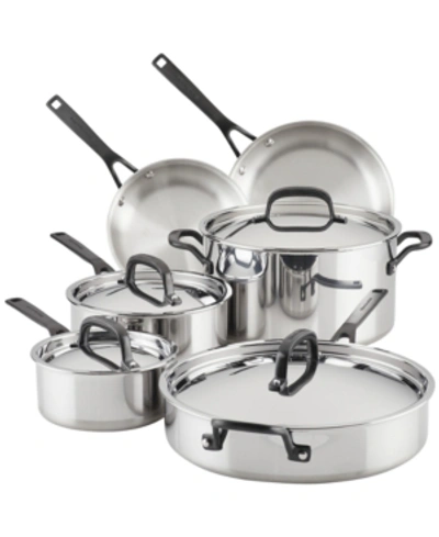 Shop Kitchenaid 5-ply Clad Stainless Steel 10 Piece Cookware Induction Pots And Pans Set In Polished Stainless Steel