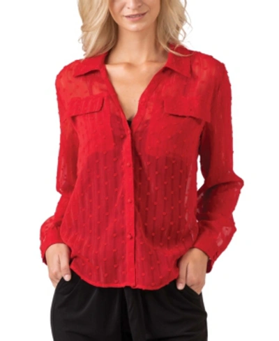 Shop Belldini Black Label Women's Plus Size Metallic Stripe Collared Shirt With Front Pockets In  Red