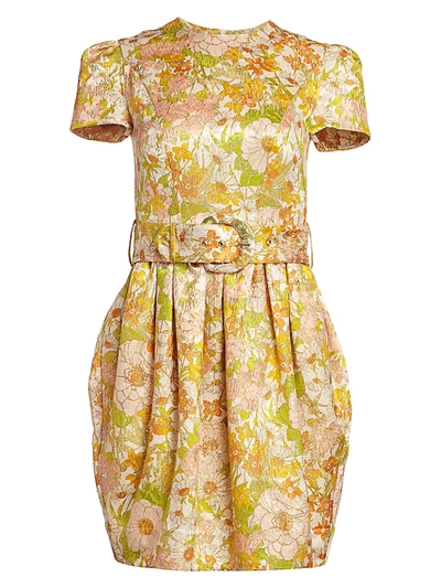 Shop Zimmermann Super 8 Metallic Floral Brocade Belted Mini A-line Dress In Pink Meadow