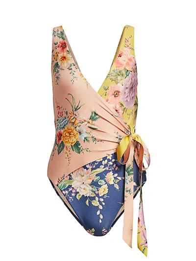 Shop Zimmermann Zinnia Floral Wrap One-piece Swimsuit In Spliced
