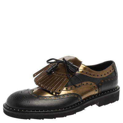 Pre-owned Dolce & Gabbana Dolce And Gabbana Black/olive Patent Leather And Leather Brogue Detail Fringe Derby Oxfords Size 41