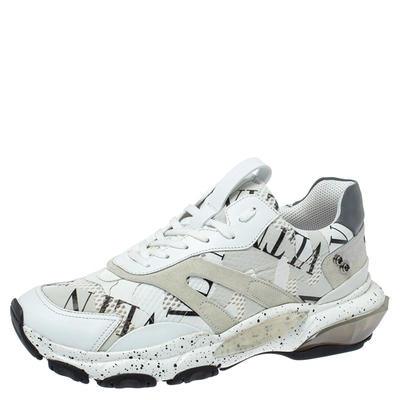 Pre-owned Valentino Garavani White/black Leather, Suede And Mesh Camouflage With Feathers Vltn Grid Bounce Trainers Size 42