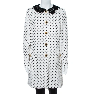 Pre-owned Dolce & Gabbana White/black Lace Collar Polka Dot Printed Jacquard Coat M