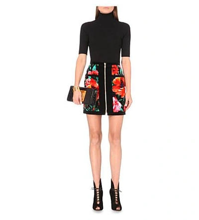 Shop Balmain Floral-print Velvet Skirt In Red/black/green