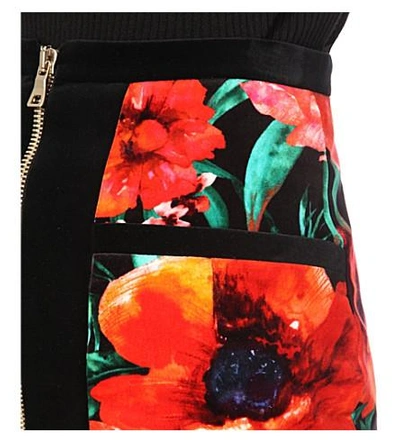 Shop Balmain Floral-print Velvet Skirt In Red/black/green