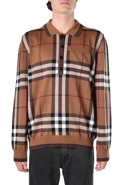 Shop Burberry Check Print Wool Polo Shirt In Birch Brown Ip Pttn