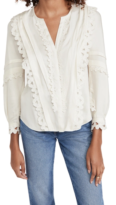 Shop Rebecca Taylor Long Sleeve Embroidered Silk Blouse In Antique Cream