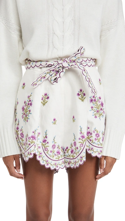 Shop Zimmermann Poppy Floral Scallop Shorts In Lilac Embroidery