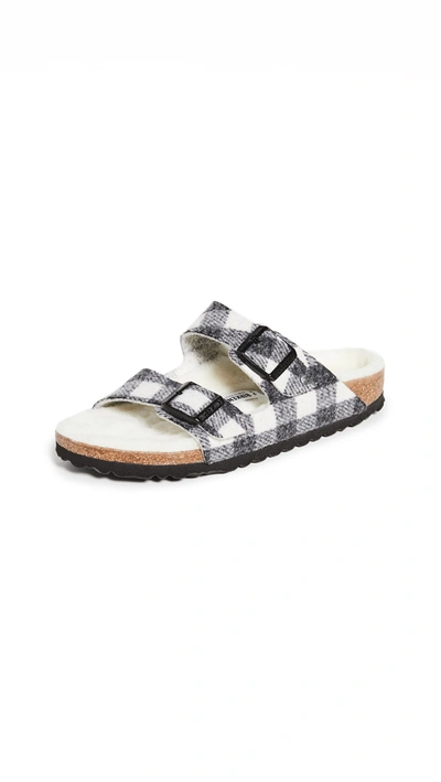 Shop Birkenstock Arizona Shearling Sandals In Plaid White/natural