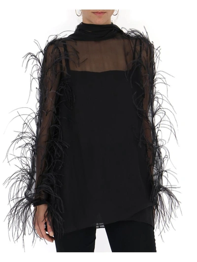 Valentino Sheer Feather Trim Blouse In Black