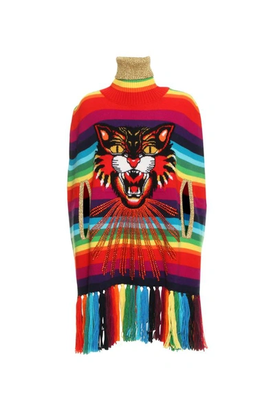 Gucci Rainbow Tiger Embroidered Poncho In Multi