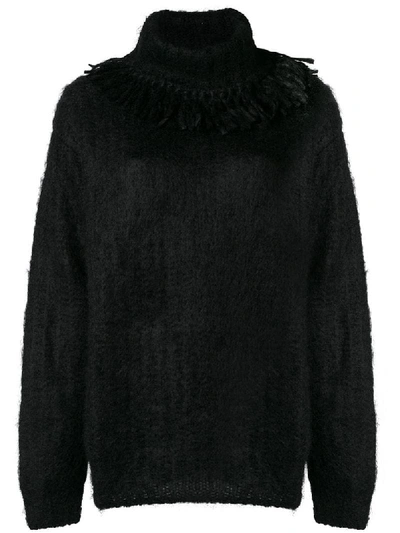 Miu Miu Turtle Neck Fray Sweater In Black
