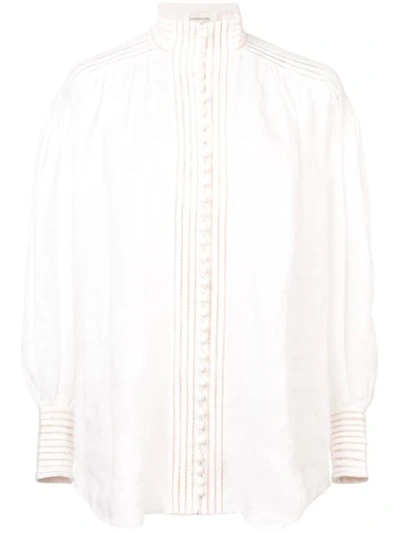 Zimmermann Corsage Linear Embroidered Linen Button-front Top In Off-white