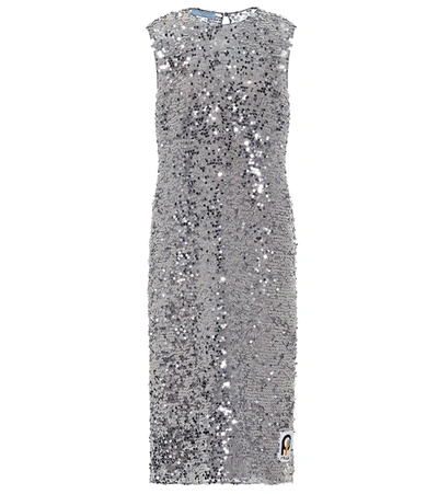 Prada Sequined Midi Dress In Silver