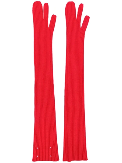 Maison Margiela Long Rib Knit Gloves In Red