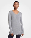 Ann Taylor Petite Ribbed V-neck Tunic Sweater In Heather Sleek Silver