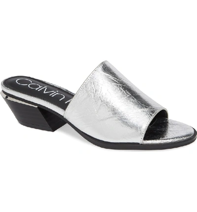 Calvin Klein Narissa Slide Sandal In Silver Metallic Leather | ModeSens