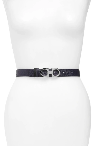 Ferragamo Double Gancio Reversible Leather Belt In Mirto/nero