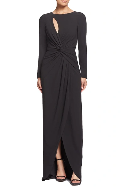Dress The Population Naomi Long-sleeve Knotted Front Gown In Black