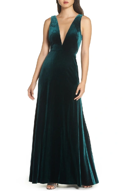 Jenny Yoo Logan Plunging V-neck Velvet Gown In Emerald