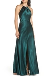 Jenny Yoo Cameron Halter Neck Satin Back Gown In Emerald