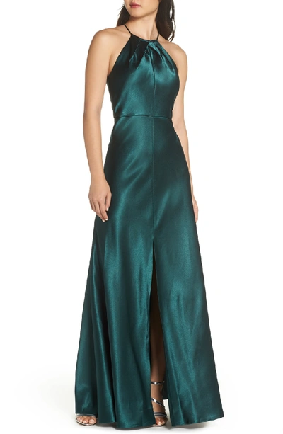 Jenny Yoo Cameron Halter Neck Satin Back Gown In Emerald