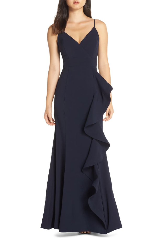 Eliza J Cascade Ruffle Gown In Navy | ModeSens