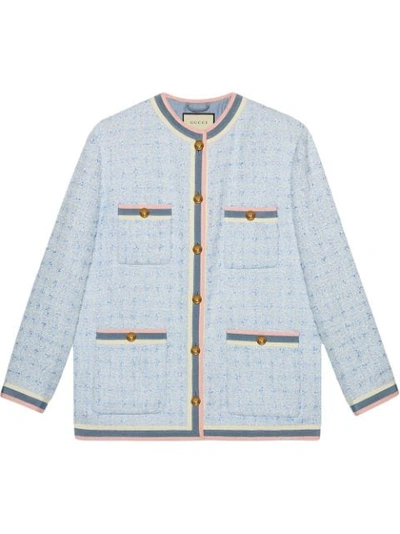 Gucci Stripe-trim Button-front Tweed Jacket In 4798 Light Blue/ White