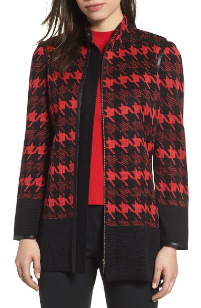 Ming Wang Houndstooth Knit Jacket In Black/ Bushberry