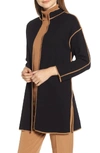 Anne Klein Piped Detail Nehru Sweater Coat In Anne Black/ Vicuna