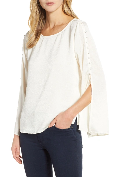 Vince Camuto Button Bell Sleeve Hammer Satin Top In Pearl Ivory