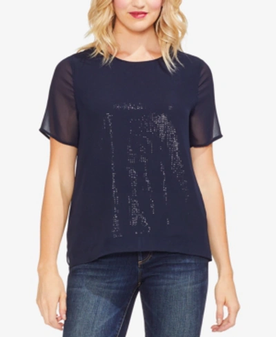 Vince Camuto Petites Sequined Sheer-detail Tee In Classic Navy