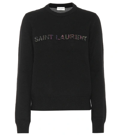 Saint Laurent Crewneck Glitter-logo Wool Sweater In Black Multi