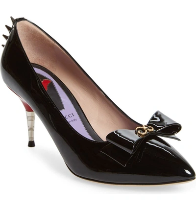 Gucci Sadie Spiked Pointy Toe Pump In Black Patent