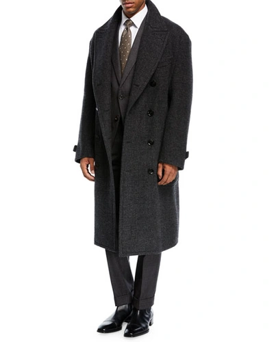 Tom Ford Plaid Double-breasted Overcoat In Charcoal