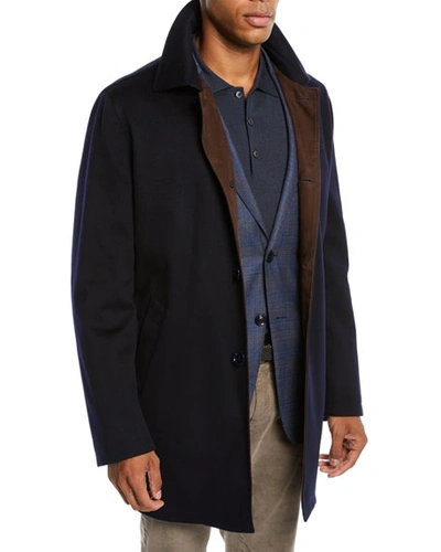 Mandelli Men's Cashmere Top Coat With Suede Detail In Navy