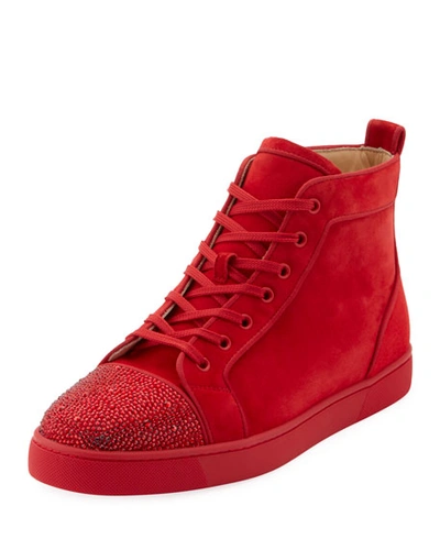 Christian Louboutin Men's Louis Suede High-top Sneakers With Crystal Embellishments In Red