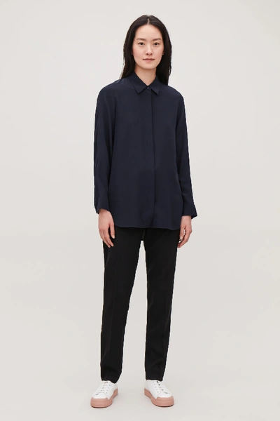 Cos Long Cocoon Silk Shirt In Black