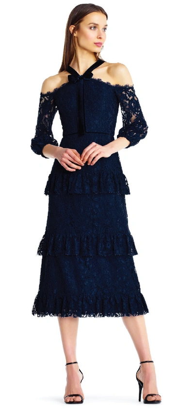 Aidan Mattox Sleeve Tiered Midi Tea Dress In Navy